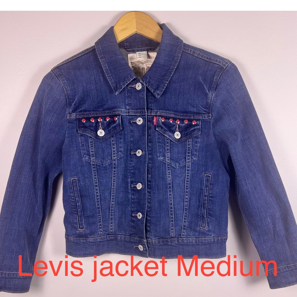 Levi's Women's Medium Denim Jean Jacket Red Studded Western Cowgirl Stretch Fall